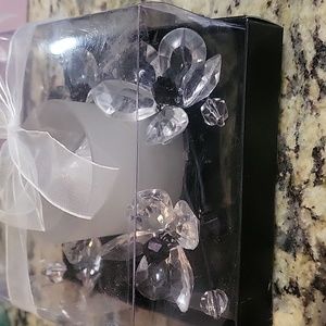 Frosted Votive Candle Holder Wrapped with Black and Clear Crystal Flowers